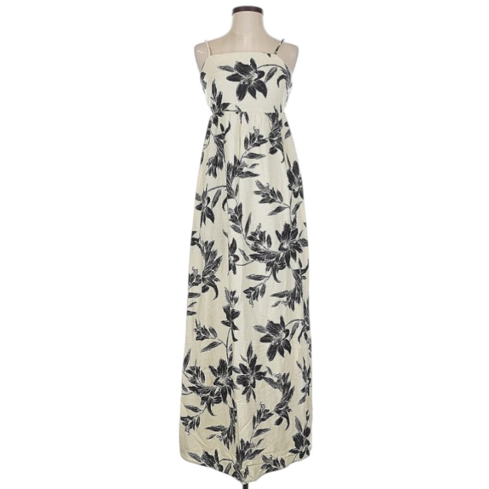 Monteau LA XS Cream Floral Linen Maxi Dress Smocked Summer Beach Resort Vacation